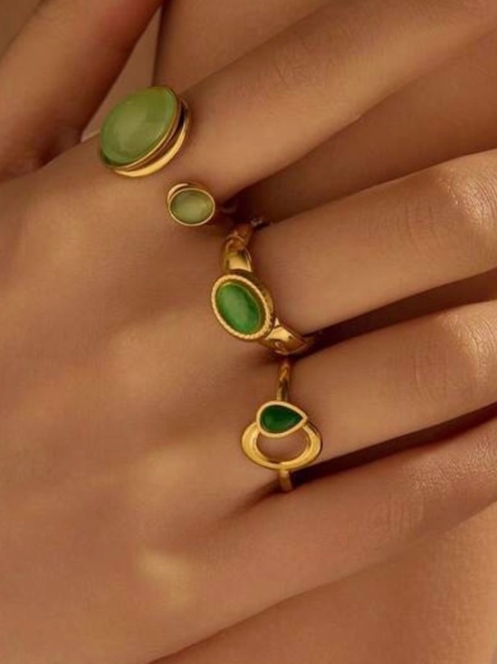 Jewelry - Gold Plated Green Stone Stacking Ring Set